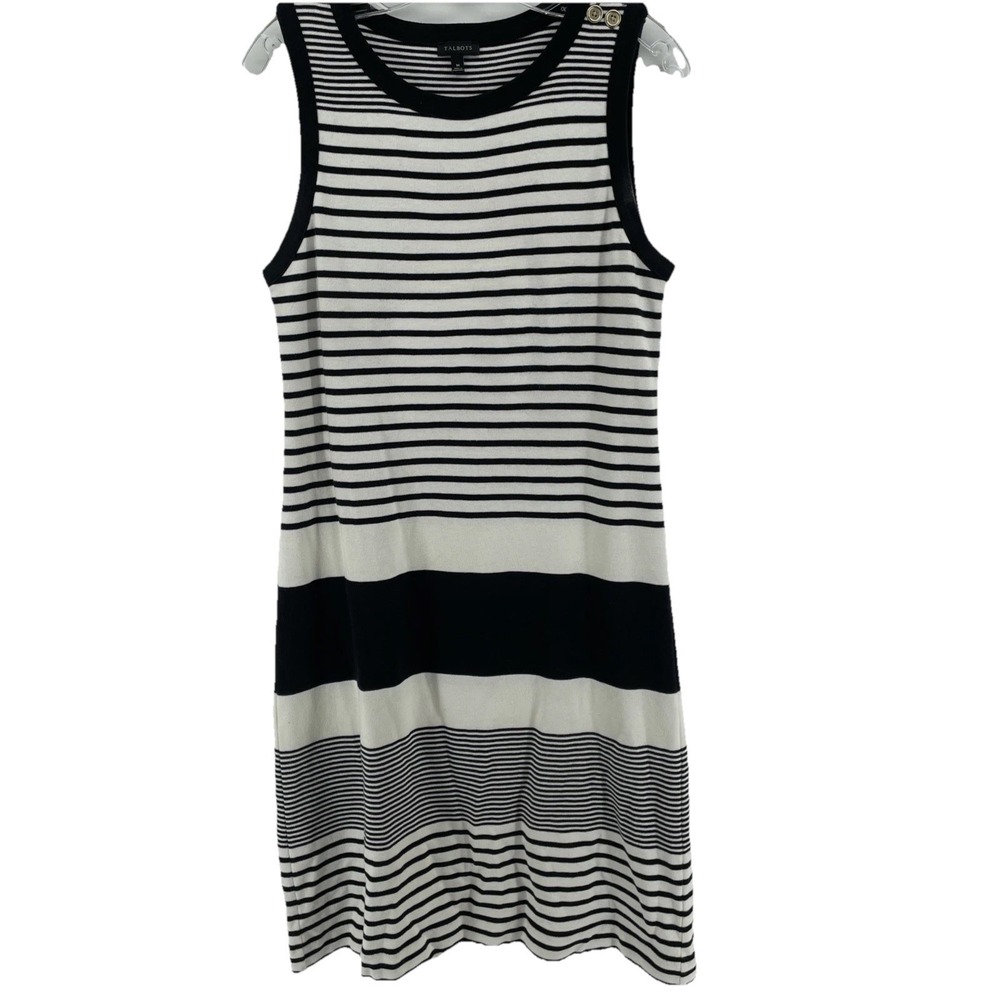 Talbots Dress Women's Medium Black Stripe Sheath 100% Cotton Capsule Vacay